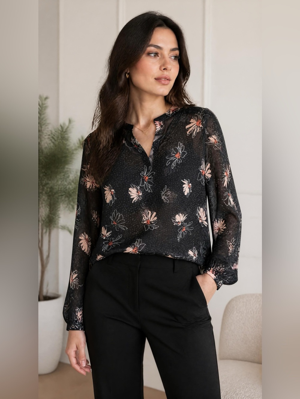 Banana Republic Black Sheer Floral Tie-Neck Blouse with Pink Accents